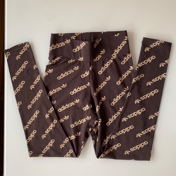 Adidas Originals Woman Logomania Repeat Logo Monogram Leggings Brown & Tan - Picture 2 of 7